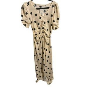 33 Polka Dot Puff-Sleeve Midi – Ruched V-Neck High-Low Hem Holiday Party Dress